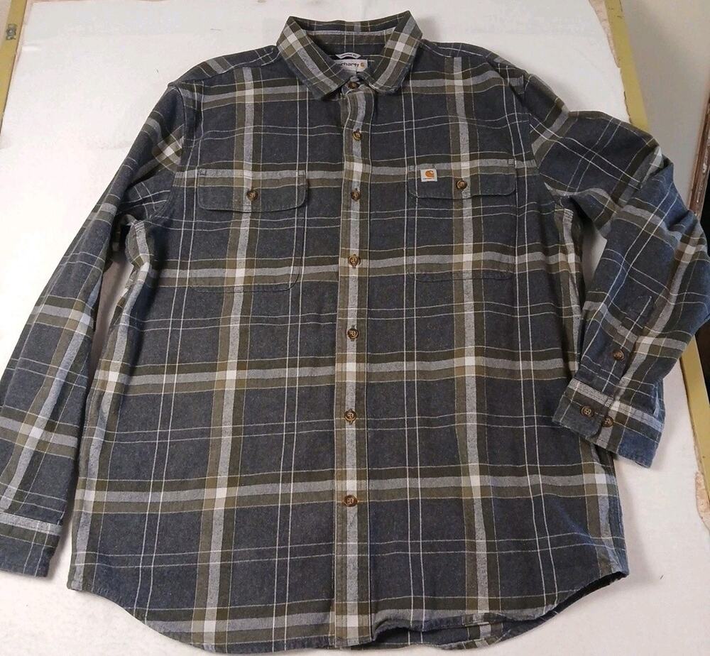 Carhartt Mens Flannel Mens L Grey Green Plaid Heavyweight EUC 100%Cotton